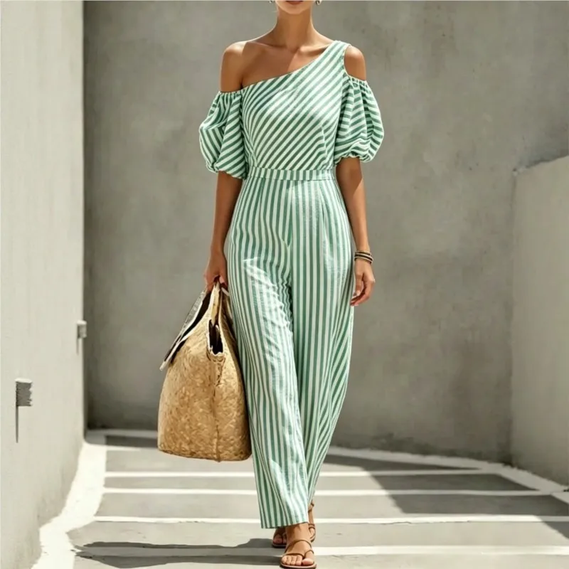2026 New Summer Women's Jumpsuit With Striped Diagonal Shoulder Bubble Sleeves Fashionable And Comfortable Unique Jumpsuit Pants view 3