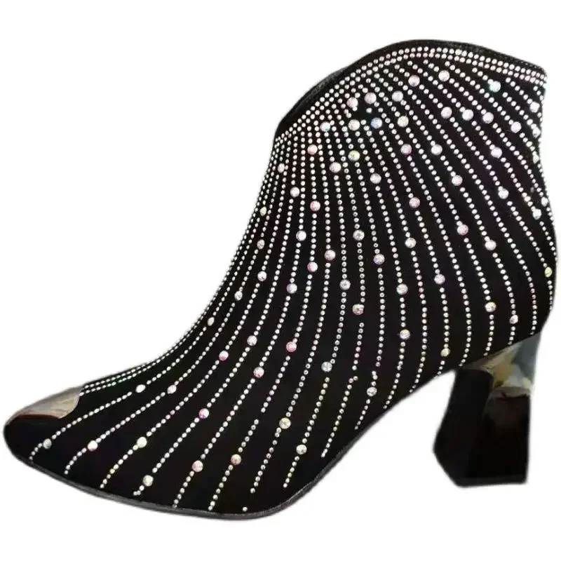 New Women Rhinestone Fashion Autumn/Winter Shoes Shine Short Botas Side Zip Pointed Toe Ankle Boots