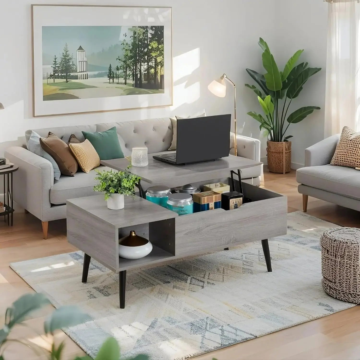 Coffee Table, 39" Wood Lift Top Coffee Table with Hidden Compartment Wood Coffee Desk with Storage Shelf Lift