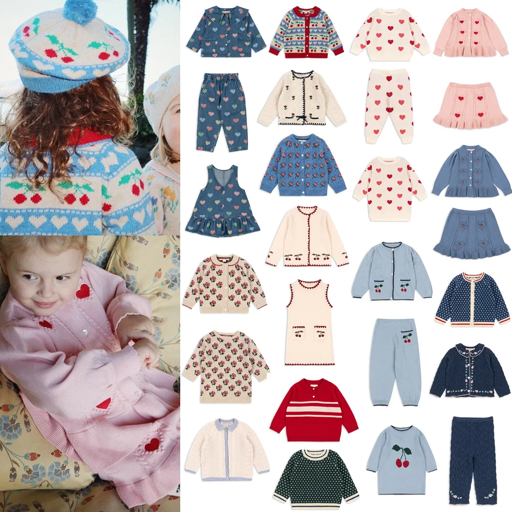 Новинка 2024, осенние детские свитера, вязаный кардиган вишневого цвета для девочек, платье принцессы с принтом сердца, джинсовая куртка и джинсовые брюки, одежда