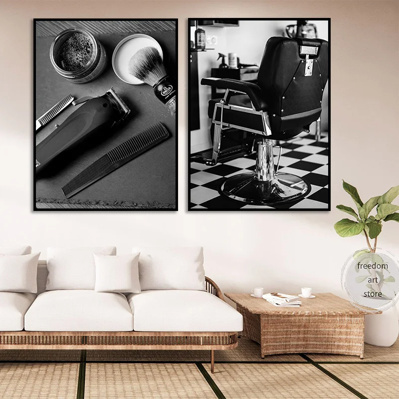 خمر صالون حلاقة أسود أبيض صور نمط حلاقة الحلاقين كرسي ملصق فني حائط لوح رسم يطبع صورة غرفة المنزل دي