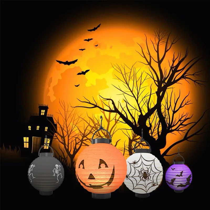 Horror Bat Kids Birthday Party Supplies Portable Lampion Lantern Halloween DIY Decor Halloween Paper Pumpkin LED Hanging Light