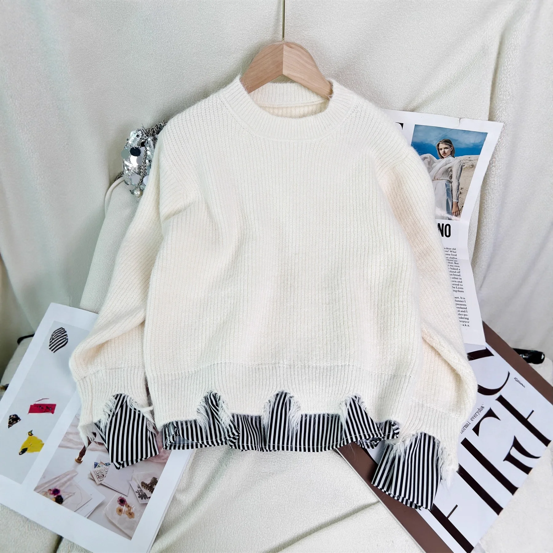 

2025 Autumn and Winter New Round Neck fashion Patchwork Knitted Pullover