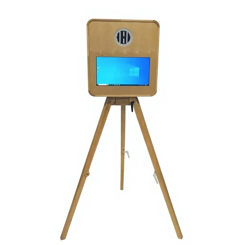 Retro 15.6" Wooden Photo Booth Portable Tripod Selfie Kiosk with Touch Screen for Wedding Event Rental