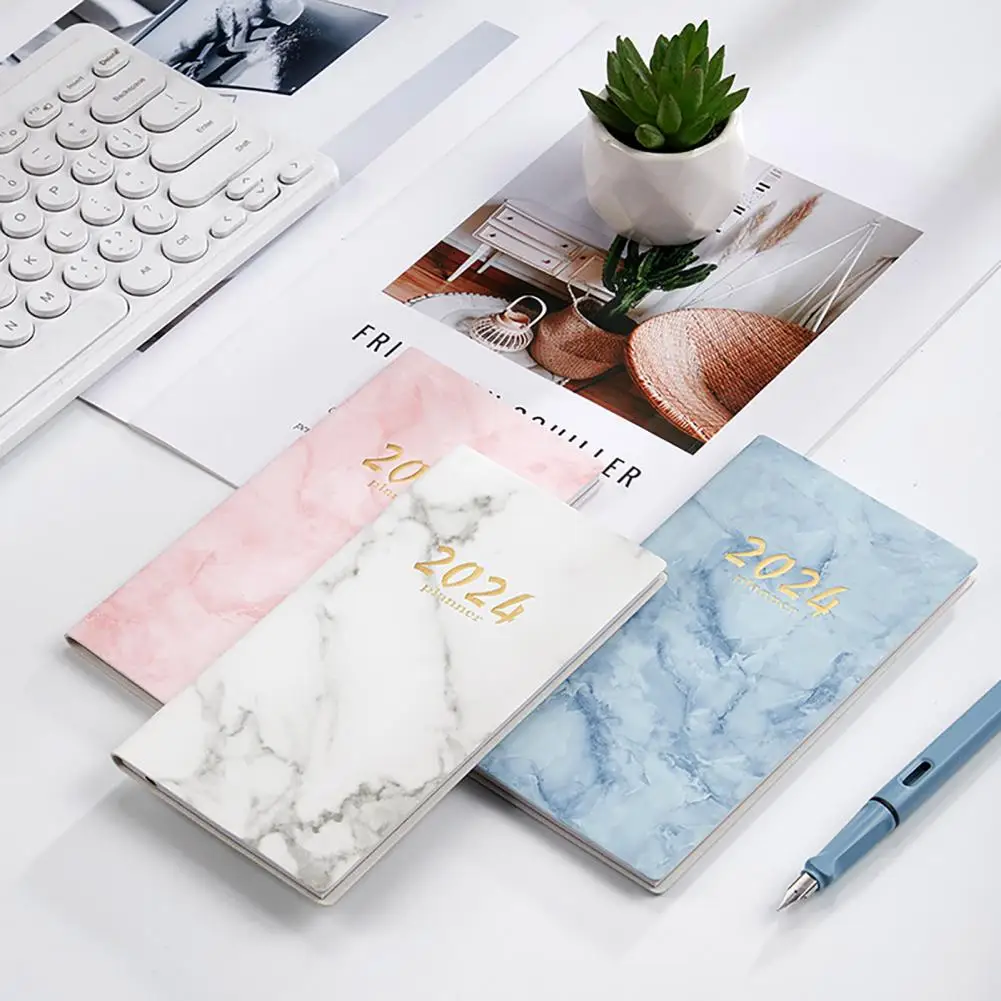 인조 가죽 하드 커버 리본 휴대용 플래너, 두꺼운 종이 북마크, 학생용 주간 일정, 2024 A6 영어 플래너