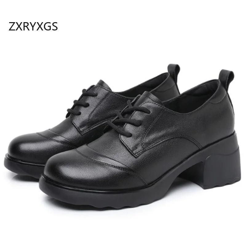 

ZXRYXGS Верхний слой из воловьей кожи с круглым носком на шнуровке, толстые средние каблуки, осень 2023, новые модные нескользящие женские туфли из натуральной кожи на толстой подошве
