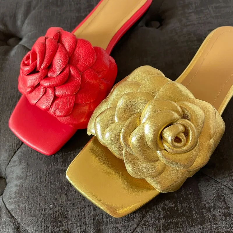 3D Flower Slippers 34-43 Handmade Rose Head Layer Cowhide Outer Wear Slippers 2023 Beach Vacation Open Toe Square Toe Flat Shoes