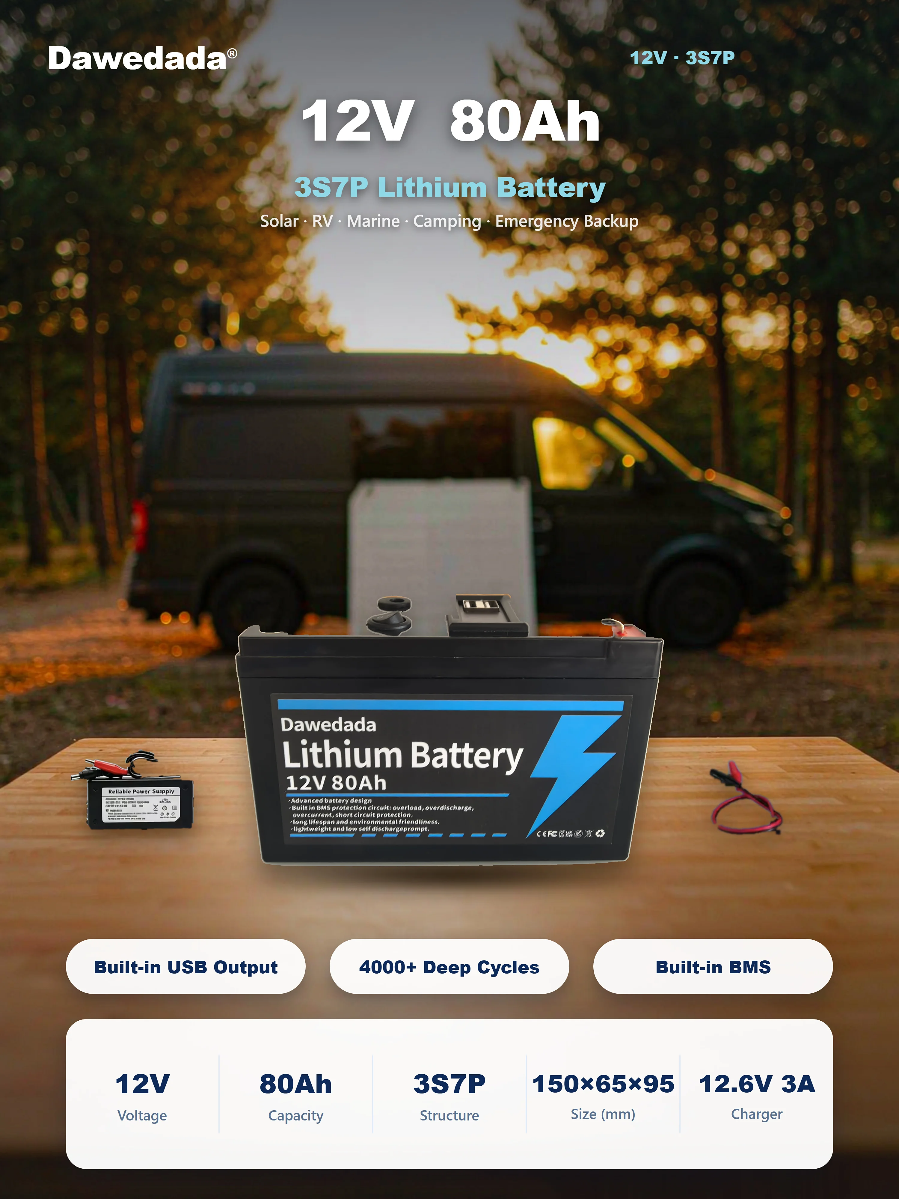 12V 80Ah 18650 Li-Ionen-Akku mit BMS, 4000+ Tiefentladungszyklen für Solar-, Windenergie-, kleine USV- und E-Fahrzeug-Stromversorgung