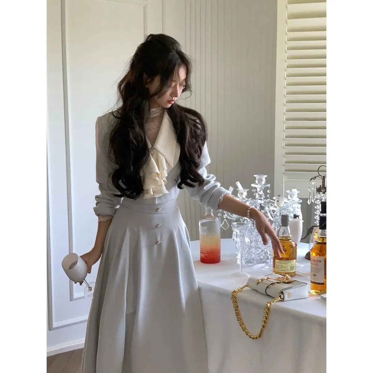 Autumn Elegant Two Piece Skirt Set Women Solid Sweet Party Midi Skirt Suit Female Casual Korean Fashion Chic Long Skirt Set 2023