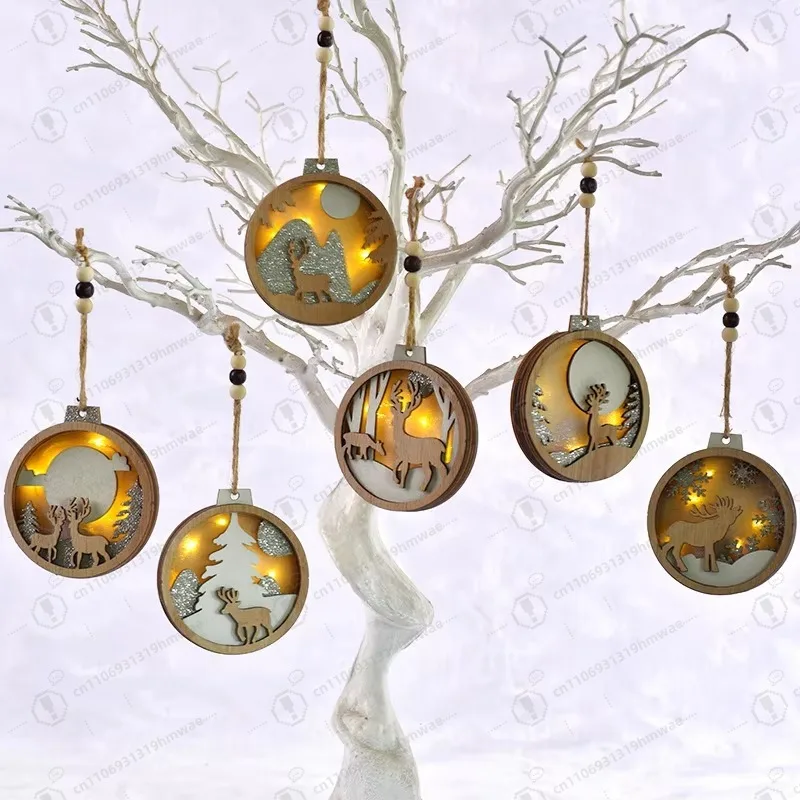 

Farmhouse Rustic 3D Glowing Christmas Decoration Set, Hanging Reindeer Wooden Tree with Glitter, Party Supplies