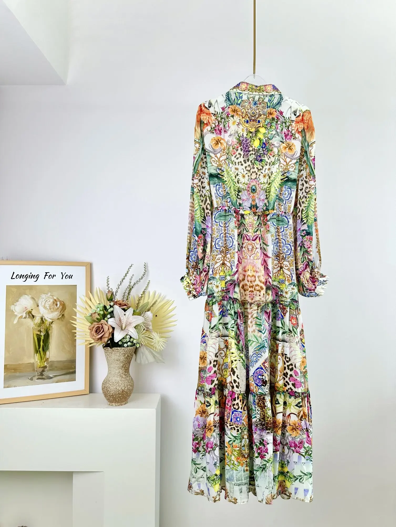 Women Beaded Midi Dress Floral Printed Turn-down Collar Long Sleeve Elegant 100% Silk Robe