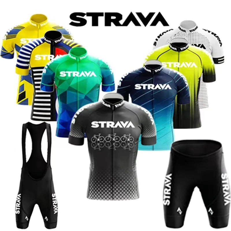 Strava-Pro Conjunto de Jersey Ciclismo Masculino, Manga Curta, Respirável, MTB, Bicicleta, Vestuário Ciclismo, Uniforme, Fato, Verão