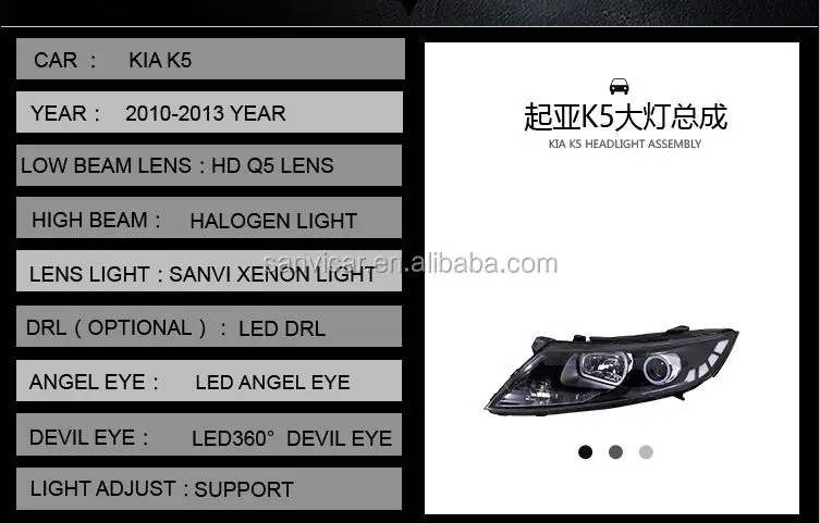 Guangzhou SANVI Bi Xenon Car Headlight Assembly for KIA-K5 2010-2013 Xenon Projector Lens with LED Angel Eyes and drl