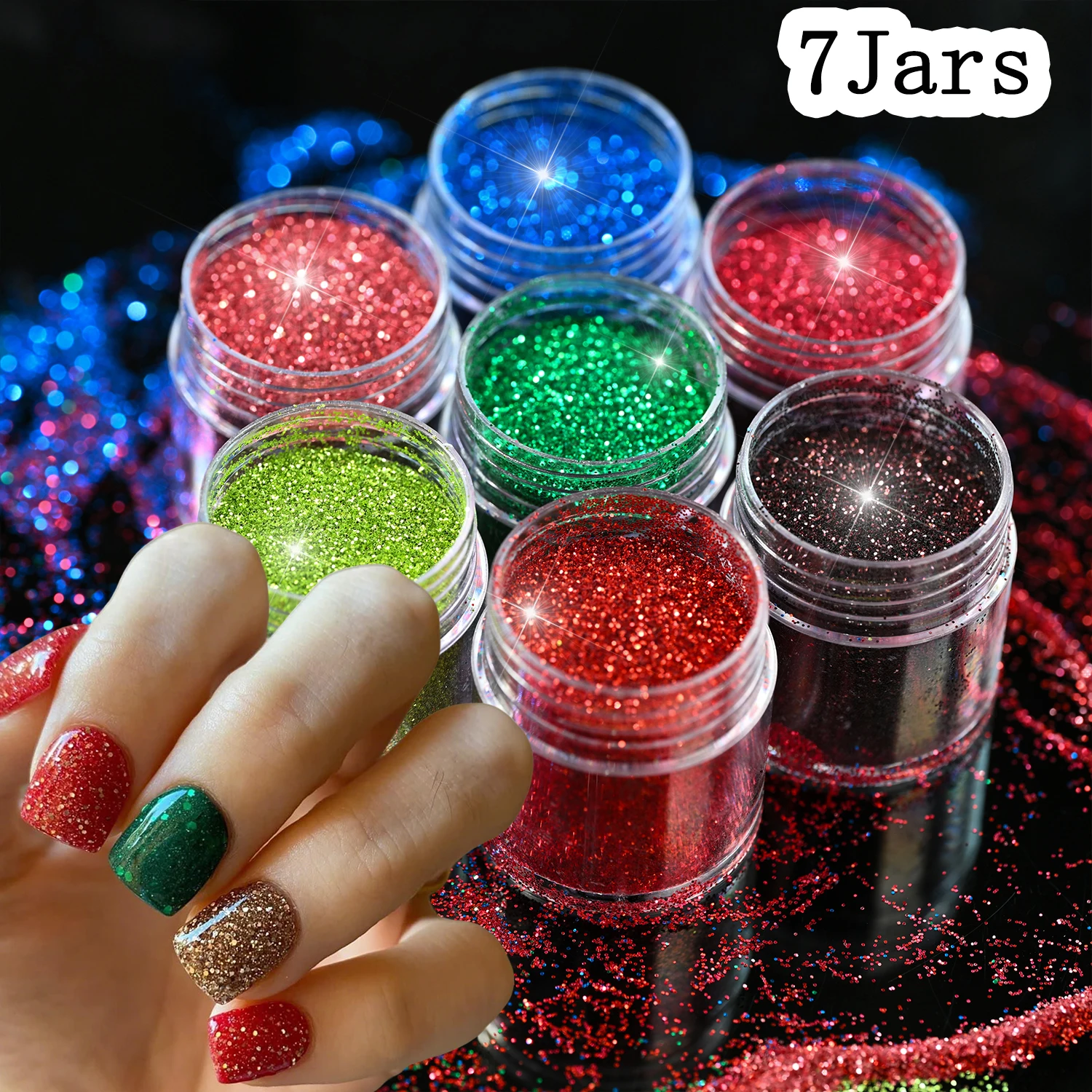 7Jars/Set 0.2mm Colorful Fine Glitter Powder Dazzling Red Green Blue Chrome Pigment Dust For UV Gel Polish Nail Decoration Suppl