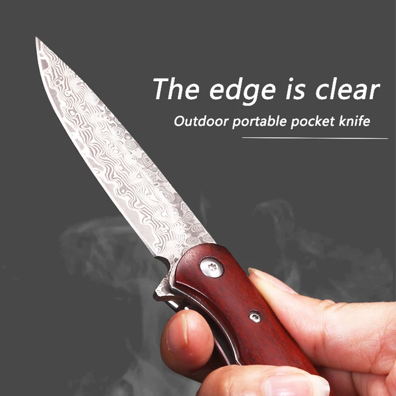 Damascus Steel Blade Red Rosewood Handle Outdoor Folding Camping Fishing Hunting Mountaineering EDC Tool Knife