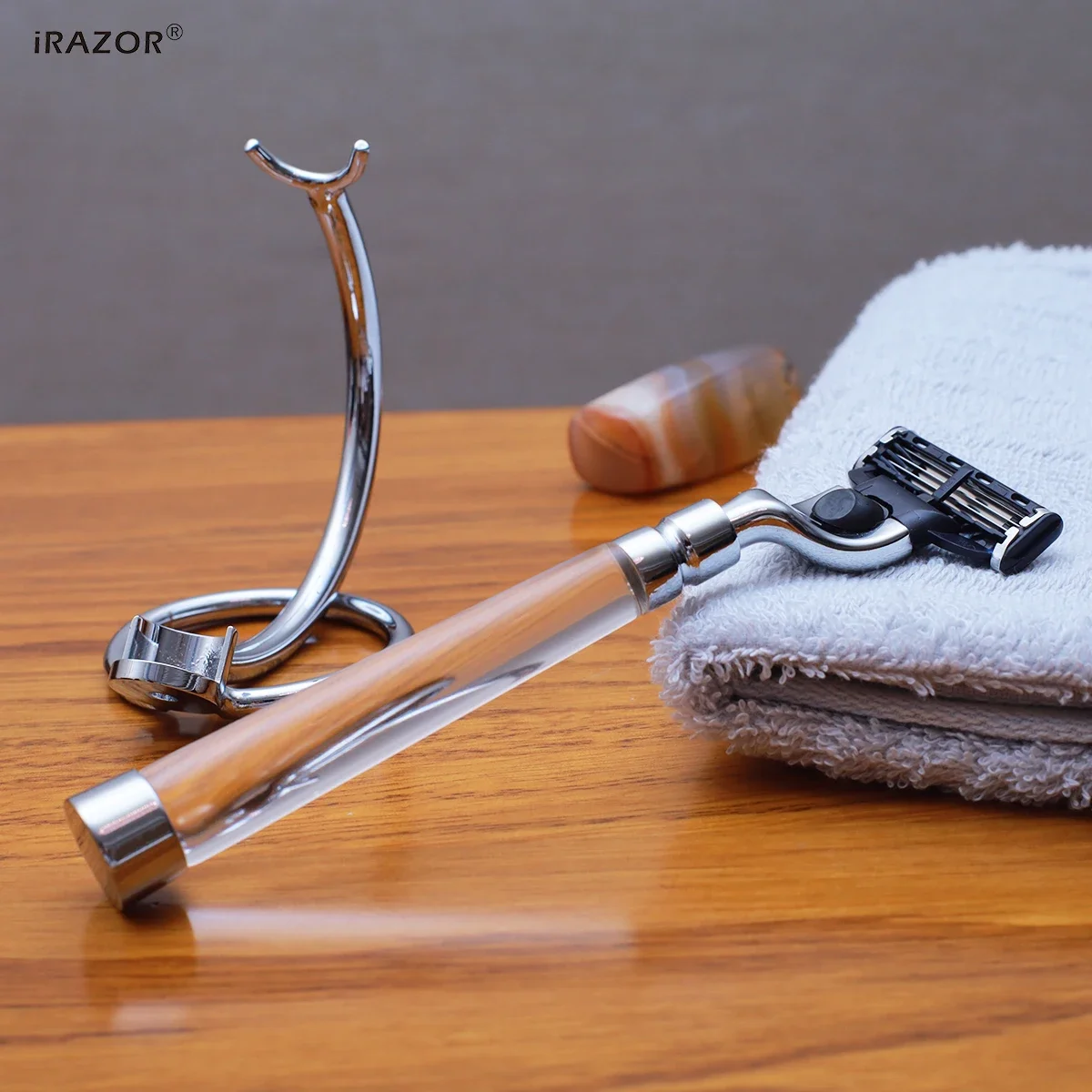 IRAZOR Safety Razor for Men, Manual Cartridge Grooming Shaver, Clear Premium Acrylic Handle, Mach 3 Blade Refill