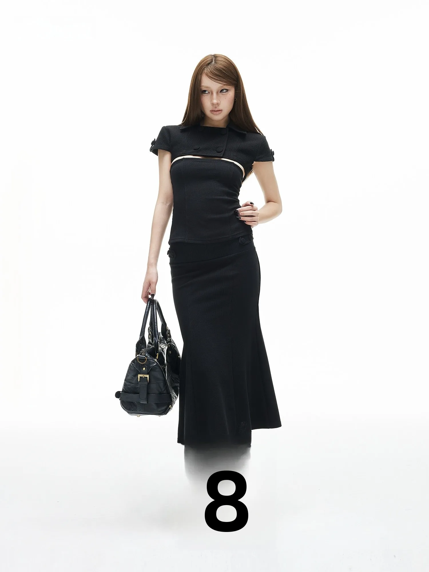 

Iamxiaa Cotton Gauze Ultra-Short Shoulder Coat One-Shoulder Tube Top True Two-Piece And Wraparound Slim Fish Tail Skirt
