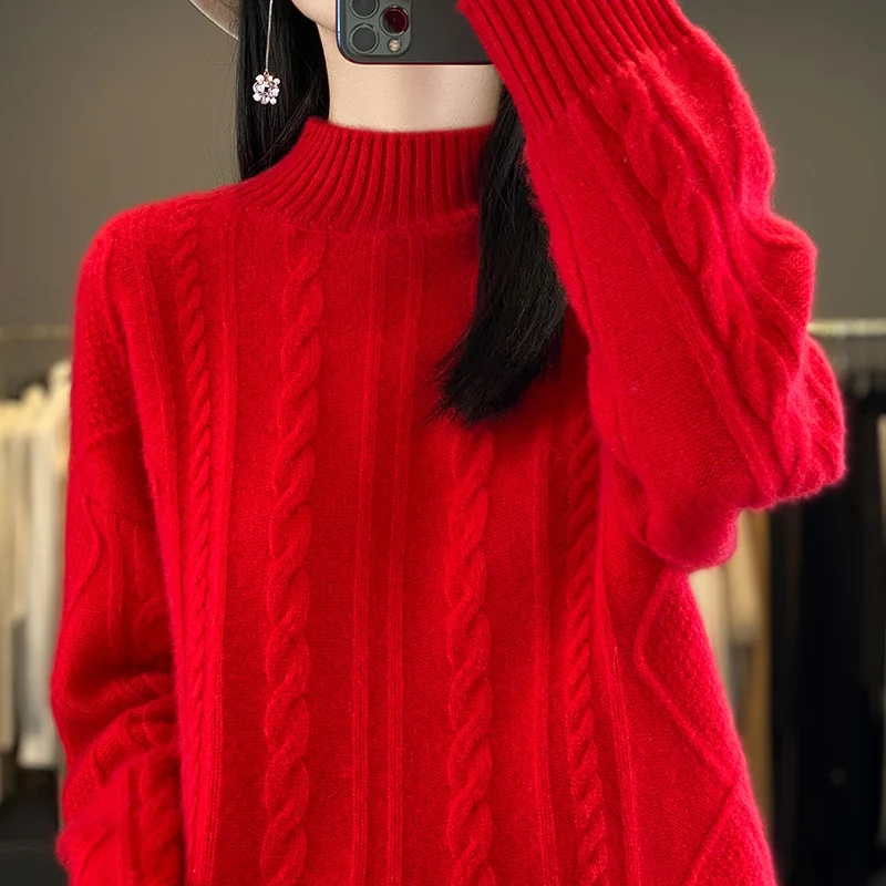 Striped Autumn/Winter new 100% Merino wool pullover Cashmere sweater Women's half turtleneck pullover warm bottom knit shirt top