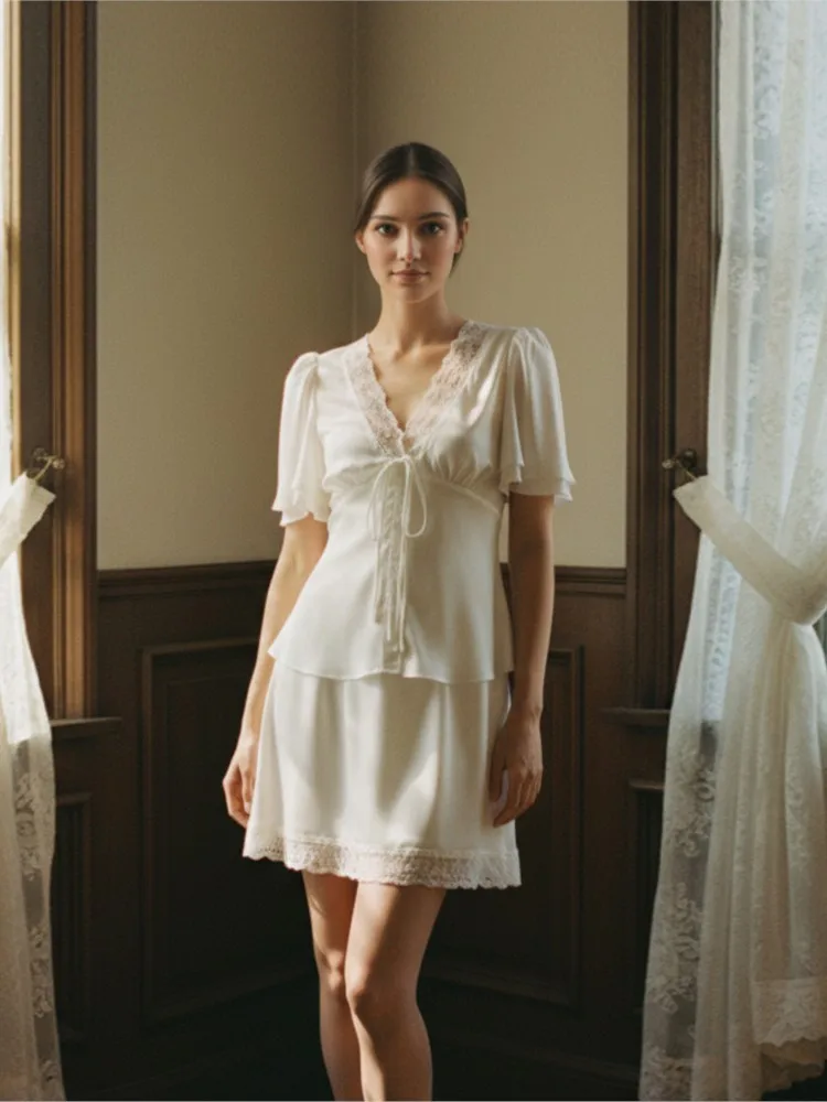 

Fashion Solid Color V Neck Lace Spliced ​​Top Casual Skirt Set 2026 Summer Skirt Set 2 Piece New Holiday Party Women's Dress Set