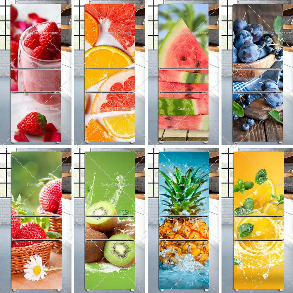 

Fruits Theme 3D Self Adhesive Fridge Wrap Stickers Removable Peel and Stick Murals Strawberry and Pineapple Refrigerator Sticker