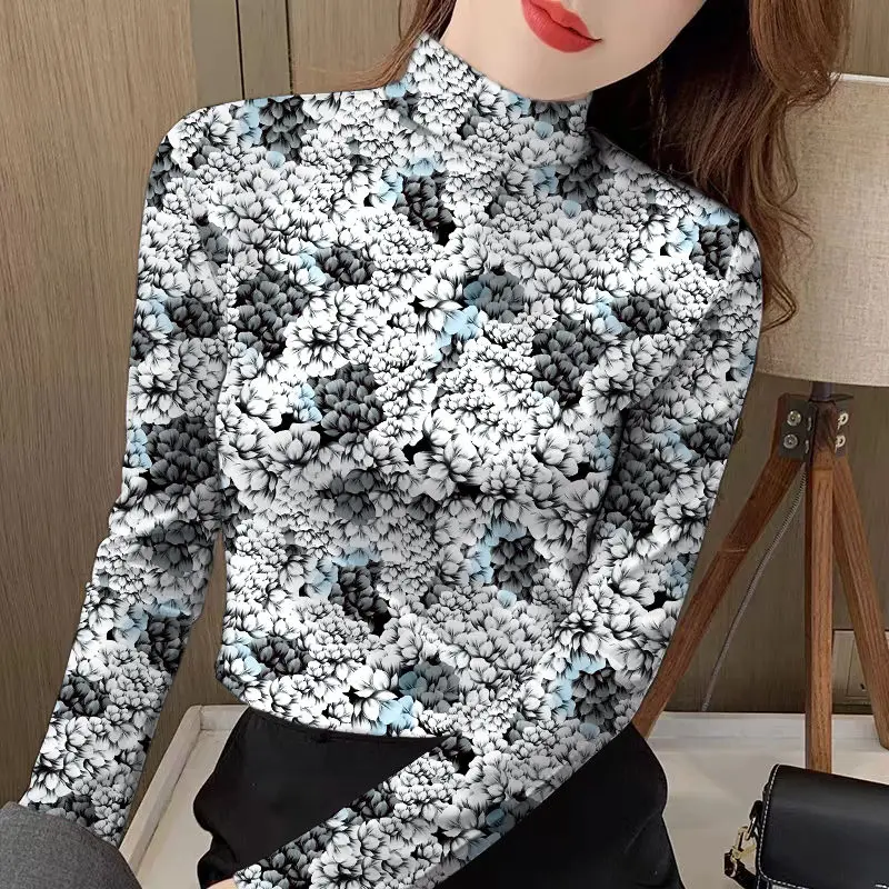 Women\'s New Pullover Half High Neck Bottom T-shirt Fashion Polka Dot Autumn Winter Commute Printed Long Sleeved Stripe Slim Tops