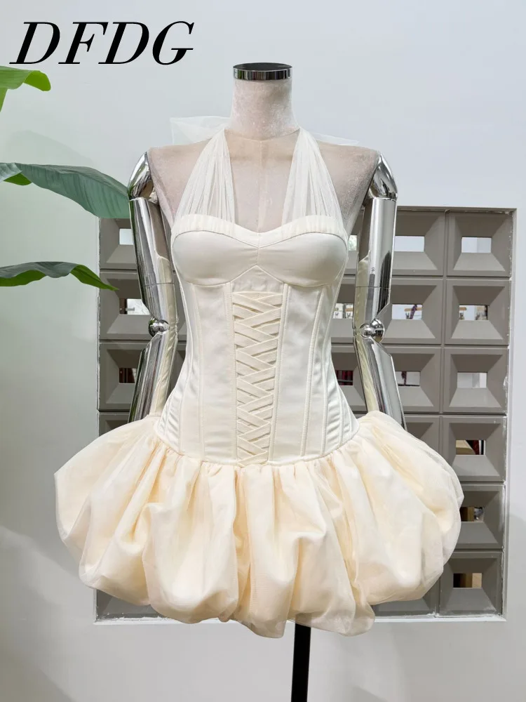 DFDG Designer Women's Holiday Dress 2025 Sleeveless Corset Tulle Jellyfish Mini Dress Lace-up Neck Bubble Hem Slim Party Dress