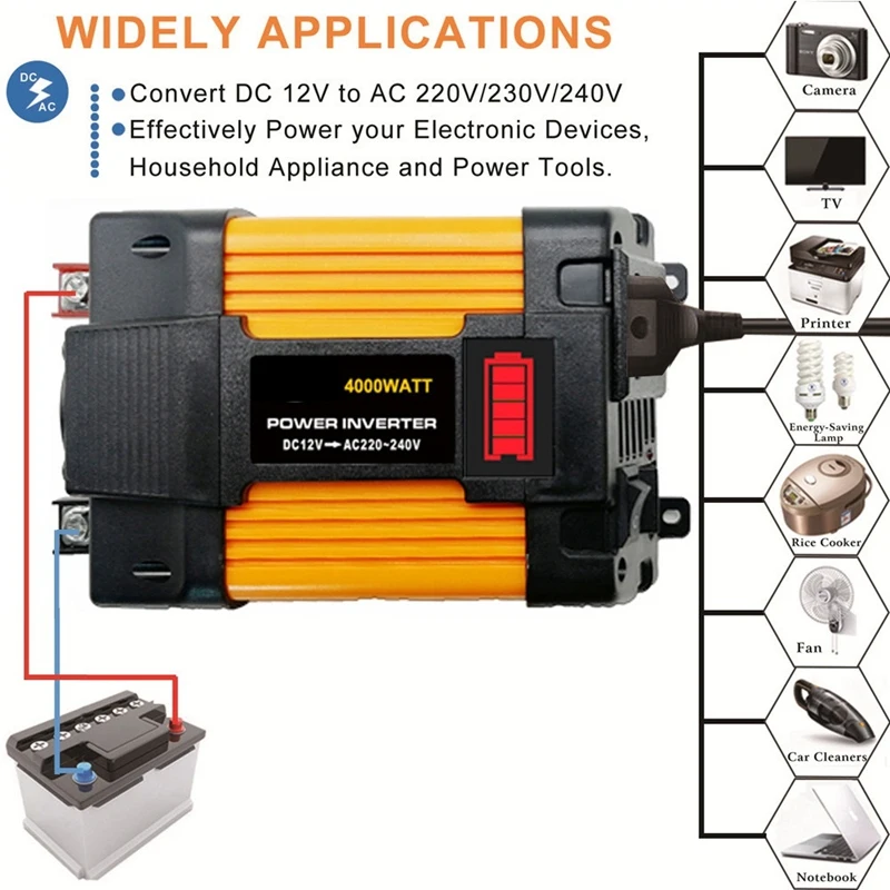 4000W Car Power Inverter DC 12V To AC 220V Modifiied Sine Wave Solar Converter With Dual USB Charger W/LED Battery Power