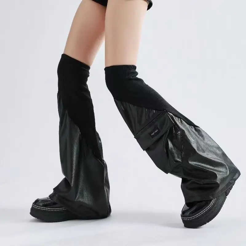 Techwear Y2K Goth Faux PU Leather Leg Warmers Women Cargo Pocket Ribbed Knit Patchwork Flare Over Knee Slouchy Industrial view 3