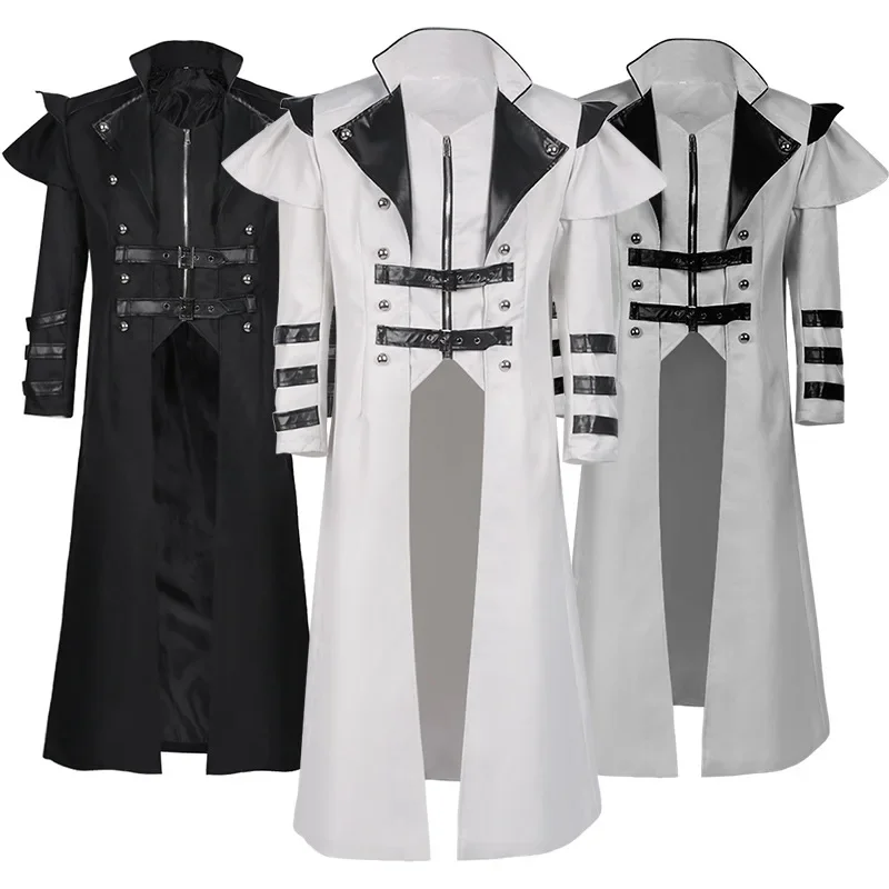 Disfraz de Halloween Medieval Steampunk de Elfo Asesino Pirata para Adultos, Chaqueta Larga Negra con Aberturas, Armadura Gótica, Abrigos de Cuero