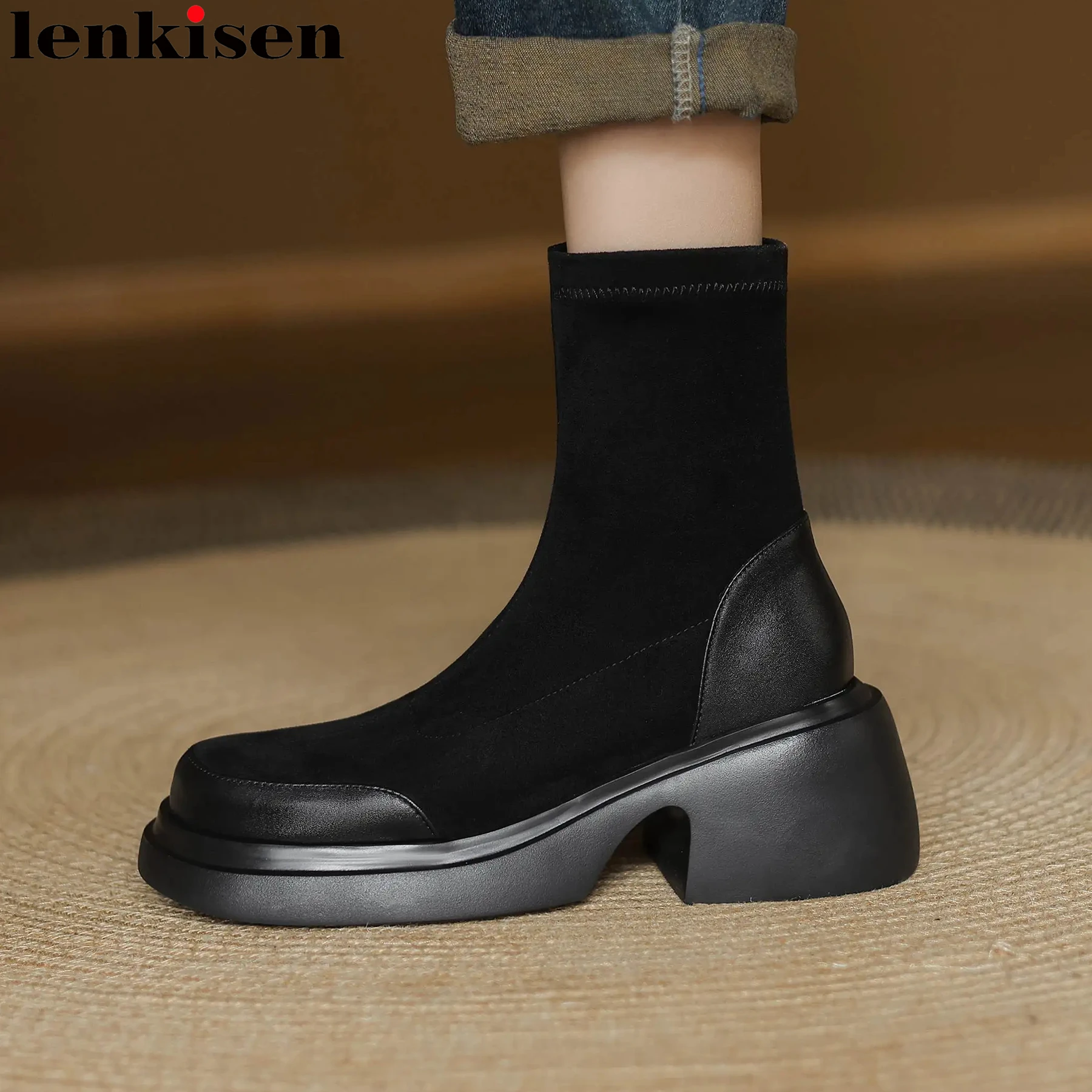 Lenkisen 2025 Flock+cow Leather Chunky Heels Stretch Modern Boots Retro Platform Winter Shoes Chic Comfort Ins Women Ankle Boots