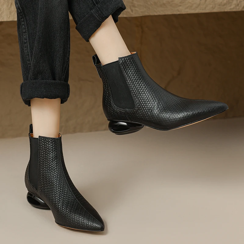2025 New Women Ankle Boots Fashion Design Strange Heels Mature Shoes Woman Genuine Leather High Quality Office Lady Basic Boots