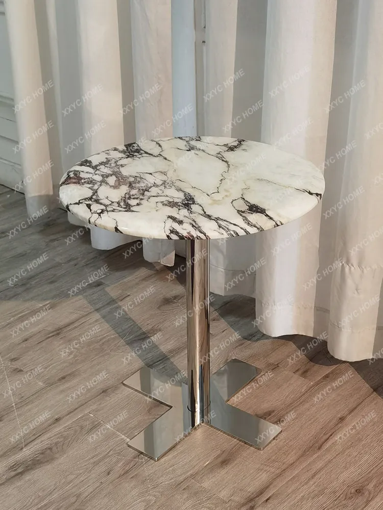 Light luxury natural marble round edge few luxury stone side table stainless steel corner few new design small round table
