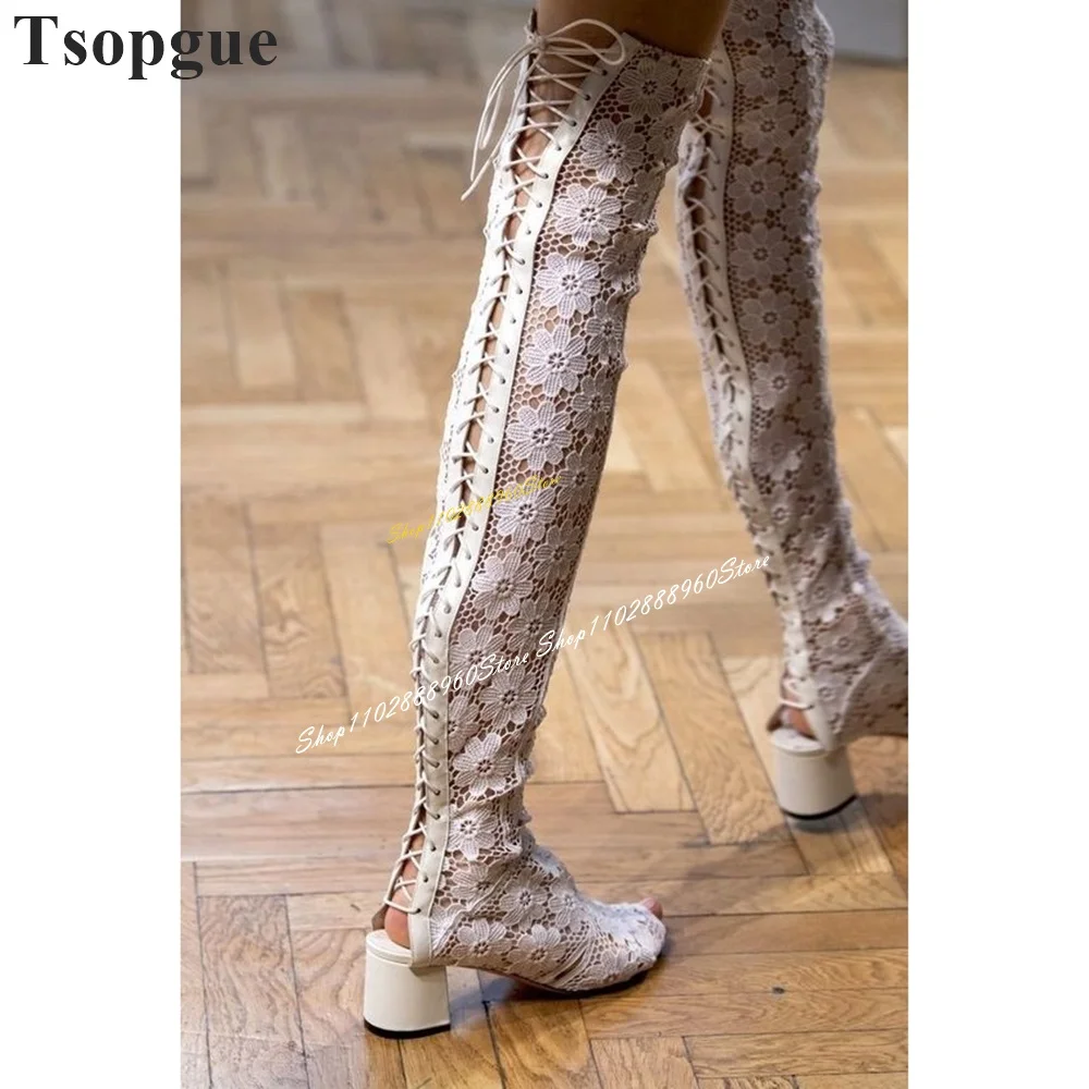 Gentle Over The Knee White Lace Cross Tied Boots Thick Heel Shoes For Women Lace Up Peep Toe 2024 Fashion Zapatos Para Mujere