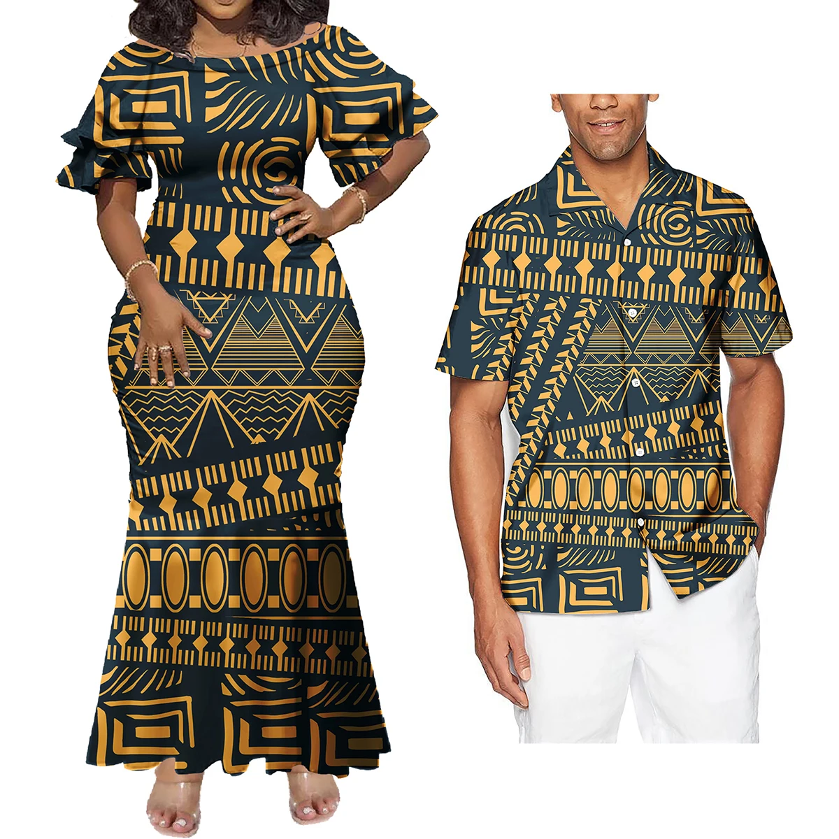 2-piece couple Polynesian Samoan Tribe Design Print Party Couple Clothing Women Off Shoulder Bodycon Dresses Match Men Shirts