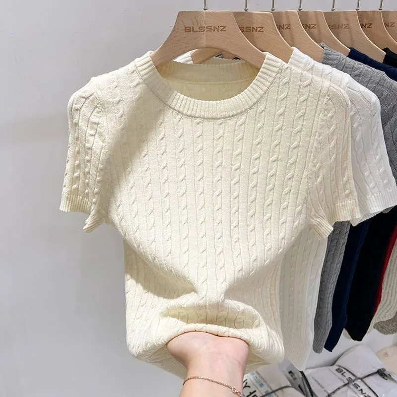 Pullover mit O-Ausschnitt, gestrickter Pullover für Damen, neue Sommer-Slim-Fit Kurzarm-Strickpullover, Damen-Oberteile, Strickwaren Q4678