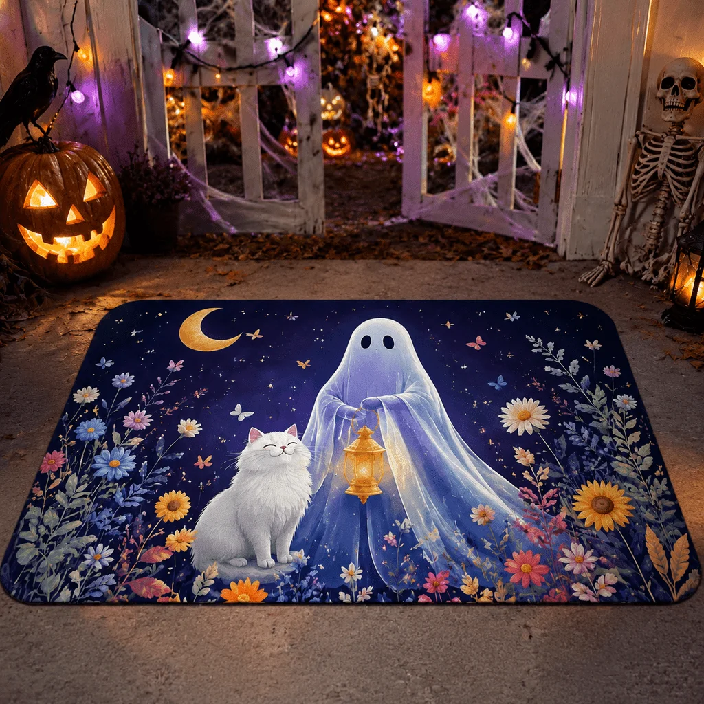 Soft Spooky Ghost Cat Bath Mat  Glowing Lantern Wild Flower Starry Night Design Anti Slip Indoor Halloween Decor Rug