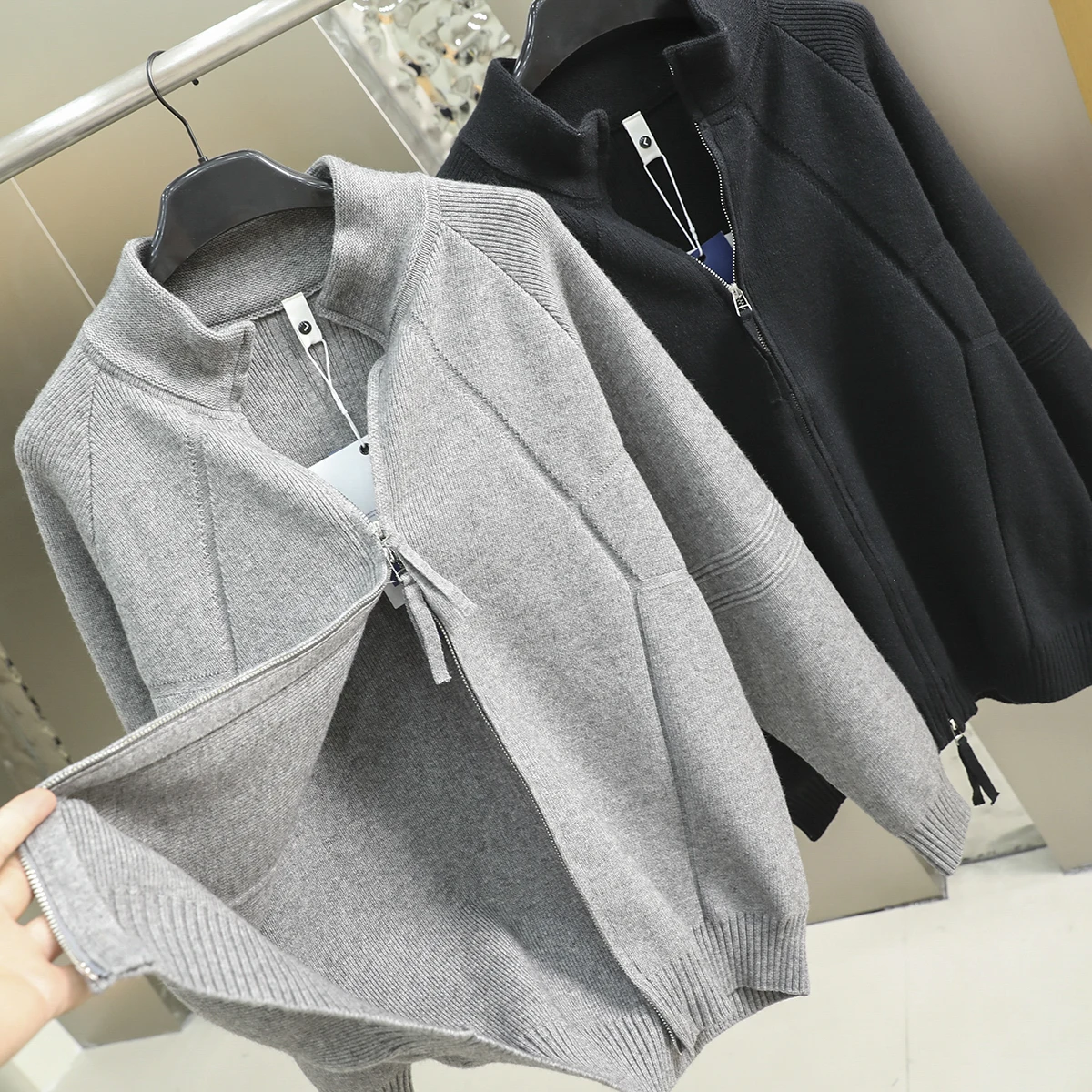 

Итальянский винтажный мужской вязаный кардиган с двойной молнией, воротником-стойкой, длинными рукавами, теплый, повседневный, модный, осенняя новинка