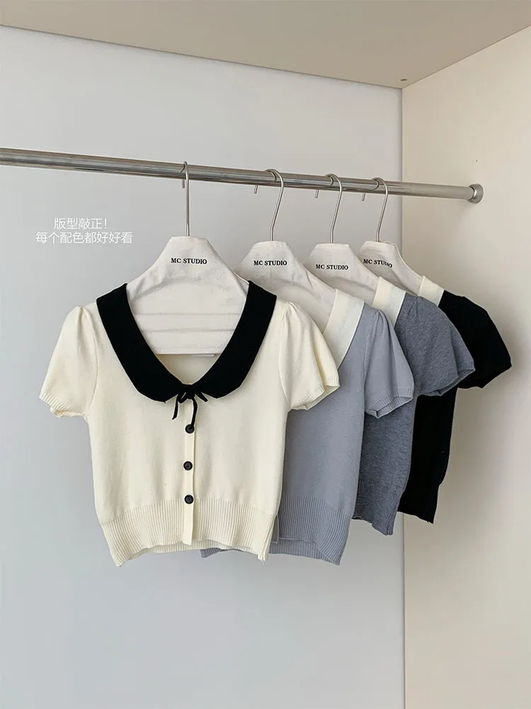 Korean Fashion O-Neck Knitted Tees Slim Women Chic Gyaru T-Shirts Y2K Hot Aesthetic Streetwear Bow Crop Top Simple Preppy Style