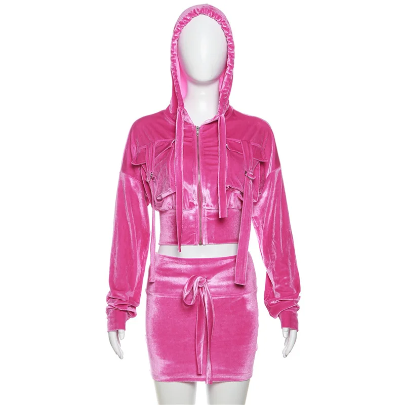 Two Piece Set Women Pink Outfits Sexy Long Sleeve Hooded Crop Sweatshirt+High Waist Mini Skirt 2023 Spring Fall Y2K Clothes