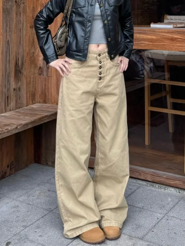 

Retro American Loose Straight Leg Workwear Jeans Women's Adjustable Buttoned Wide Leg Long Trousers Fashionable High Waist Denim