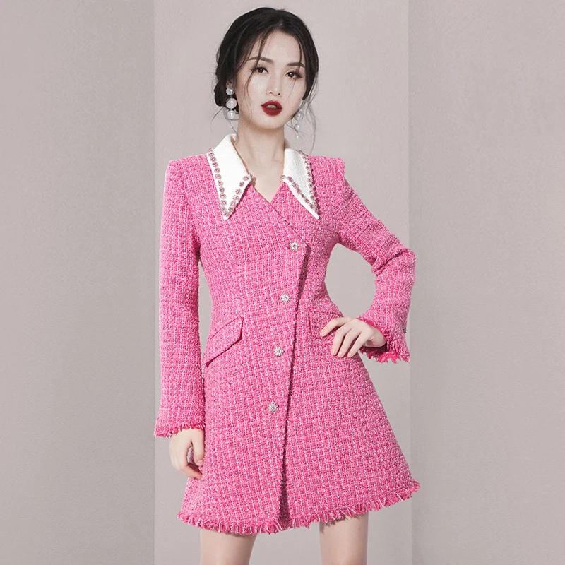 

High Quality Women Autumn Winter Tweed Wool Tassel Single Breasted Long Sleeve Beading Small Fragrance Casual Coat Jacket Outwea