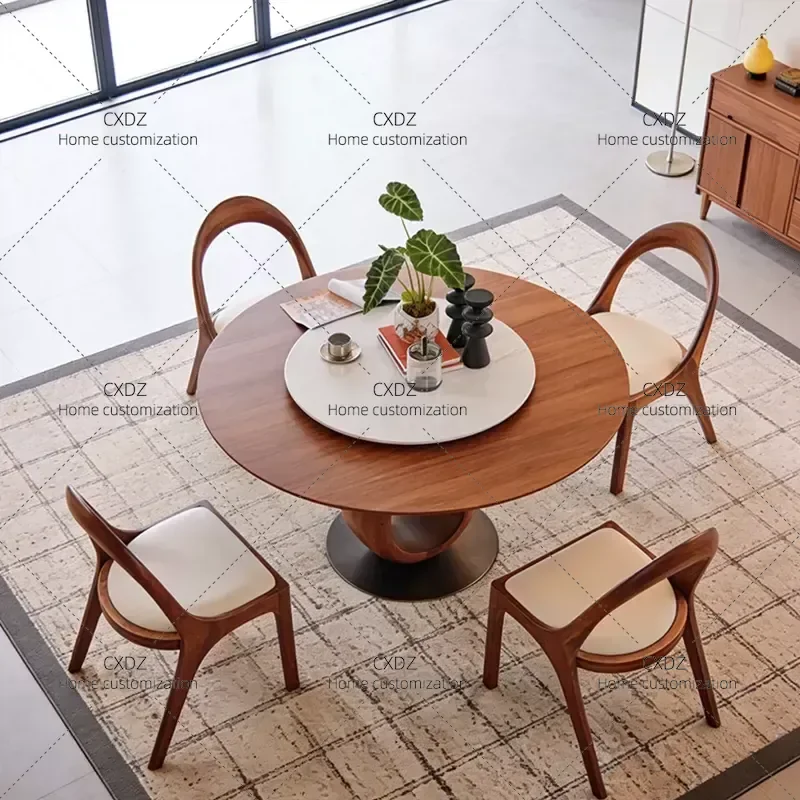 Solid North American Black Walnut Round Dining Table with Marble Turntable Modern Simple Style Household Furniture