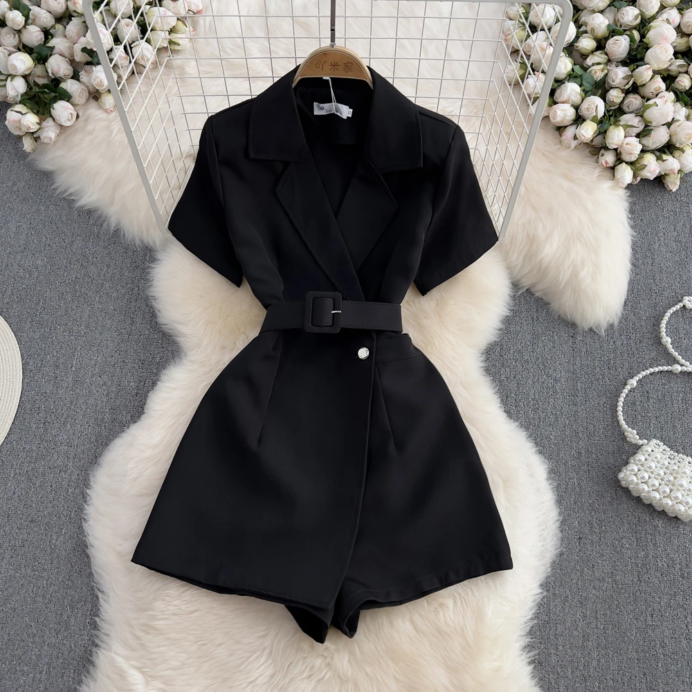 Summer New Women Jumpsuit Black Turn-Down Collar Short Sleeve With Belt Female Shorts Outfit Chic Elegant Ladies Clothing