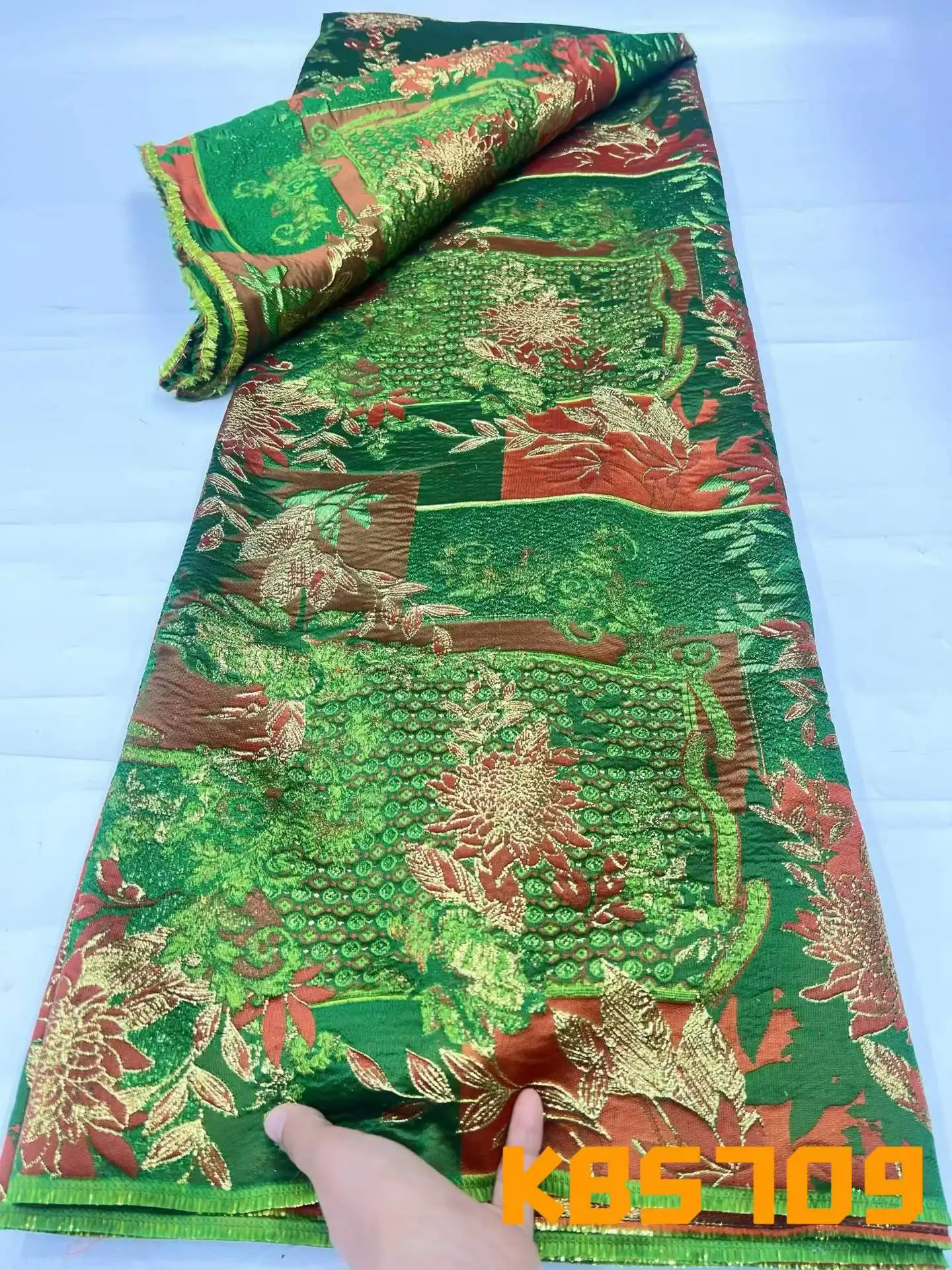 YALISI Africa Green Damask Brocade Tulle Lace Fabric Nigeria 5 Yards Blue Gilding Jacquard Lace Fabrics for Dress Sewing KB5709