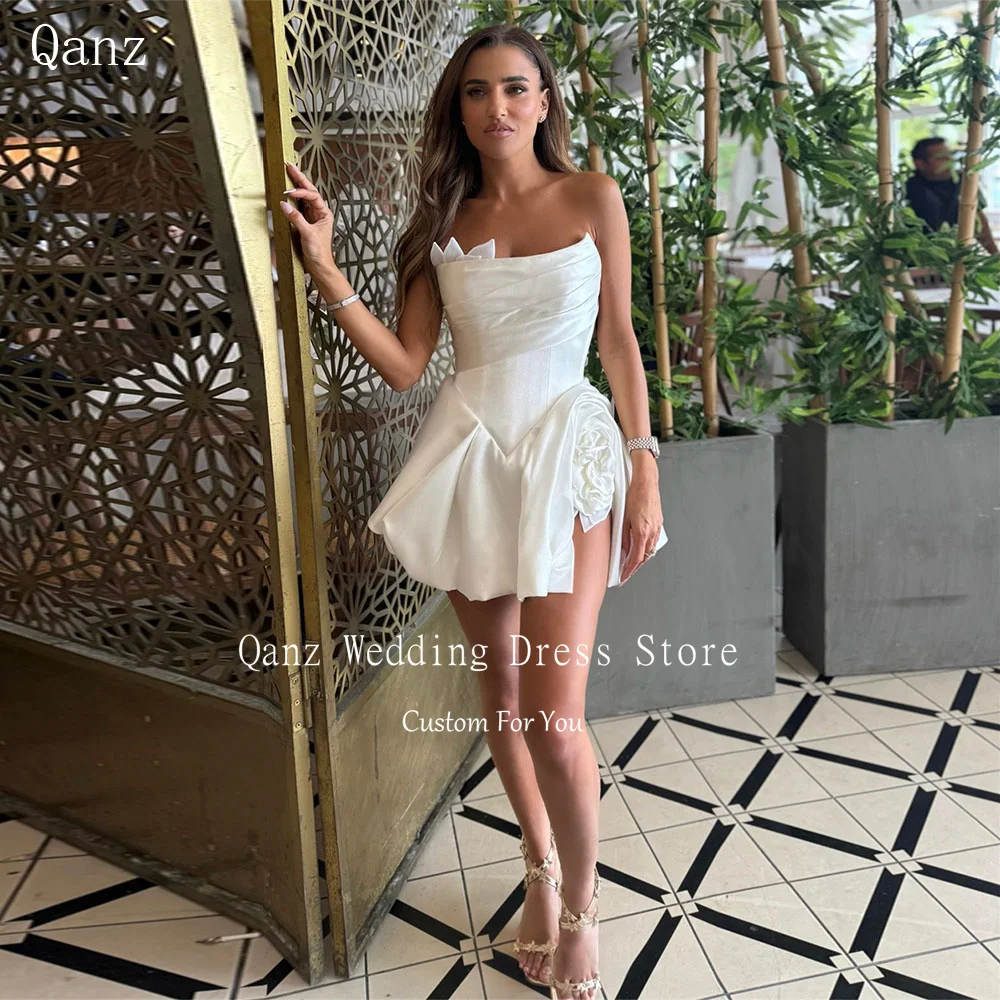 

Qanz Short A Line Wedding Dresses Satin Ruffles Sexy Vestidos De Novia Strapless Flowers Mini Party Dresses Woman Customized