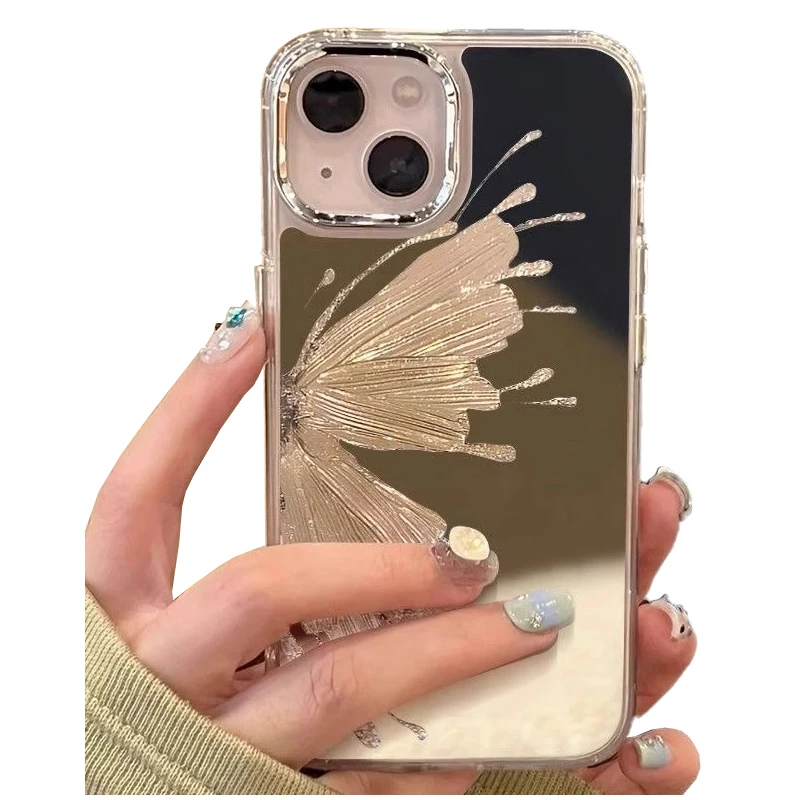 Golden Butterfly Silver Plated Mirror Case For iPhone 15 14 13 Pro max 12 11 Pro Max Case Drop Protection Cover