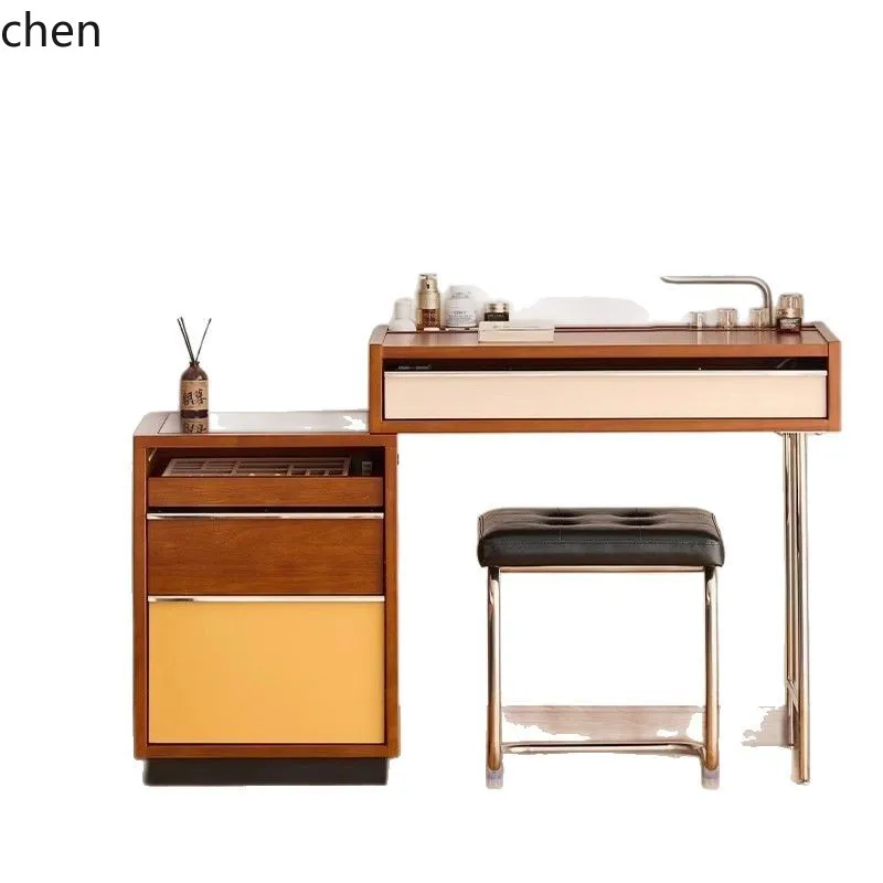 HXL Solid Wood Dressing Table with Storage Chest, Integrated Extendable Makeup Table with Mirror