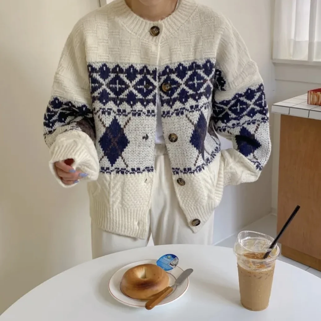 

Women's Chic Loose Long Sve Knitted Sweater Autumn Winter New Sle Vintage Patchwork Flower Pattern Open Cardigan Top