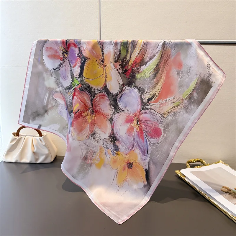 Luxury Oil Painting Print Square Scarf for Women Soft Satin Wraps Neckerchief Female Hair Bands Ribbon Headband Bandana
