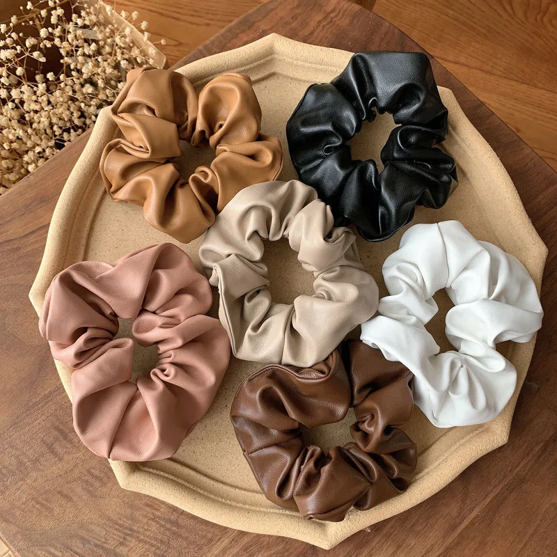 Solid Color PU Leather Scrunchies Elastic Hair Bands Ties Women Ponytail Holder Headbands Fashion Girls Kids Hair Accessories